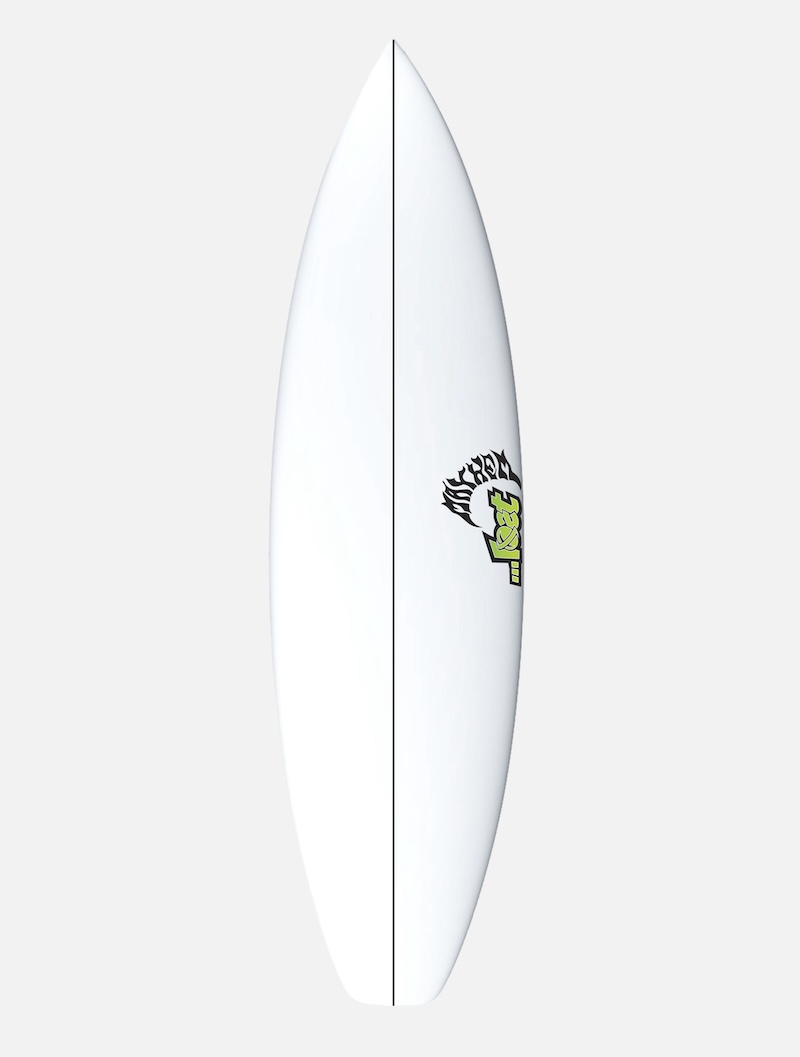 White surfboard with a green and black graphic design.