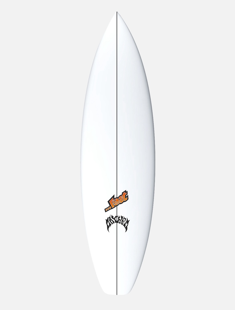 White surfboard with logos on the bottom.