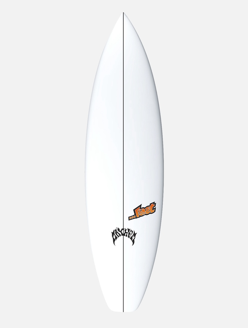 White surfboard with logos and a streamlined design.