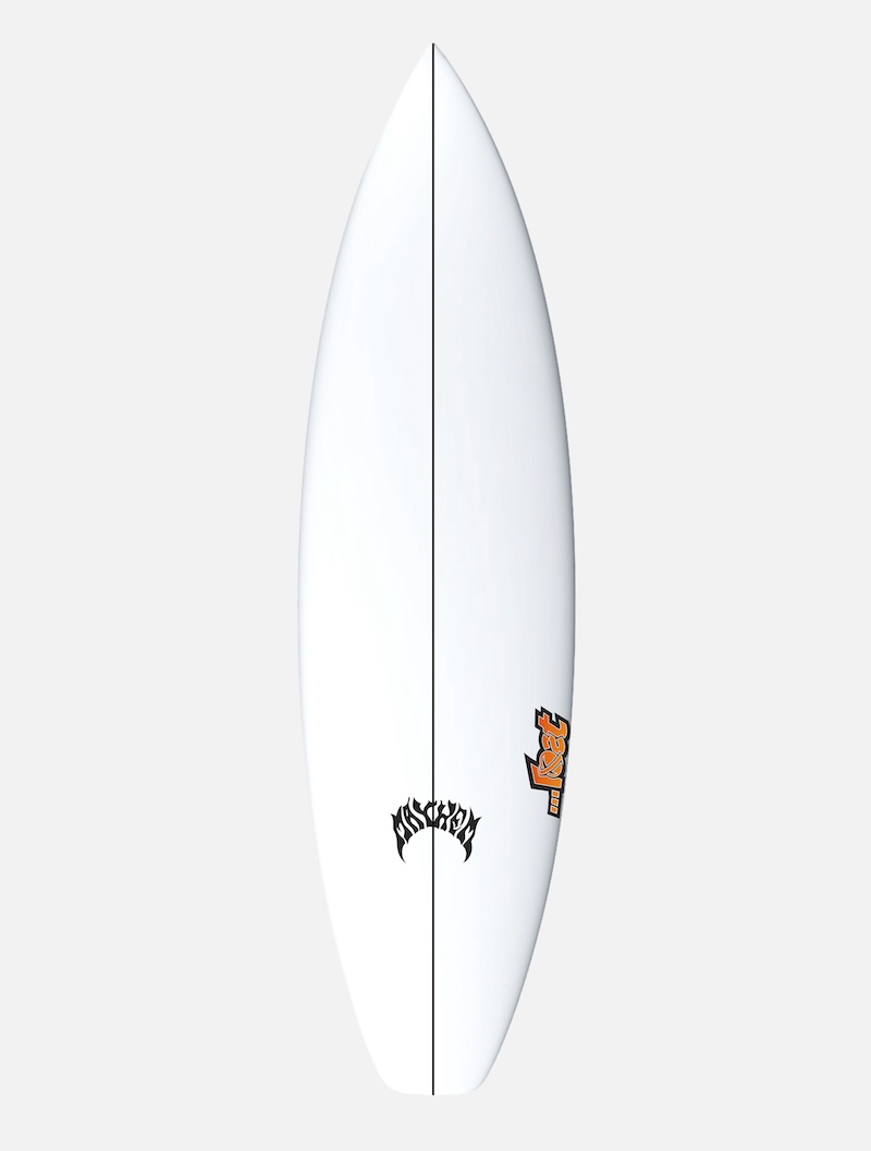 White surfboard with black and orange logos.