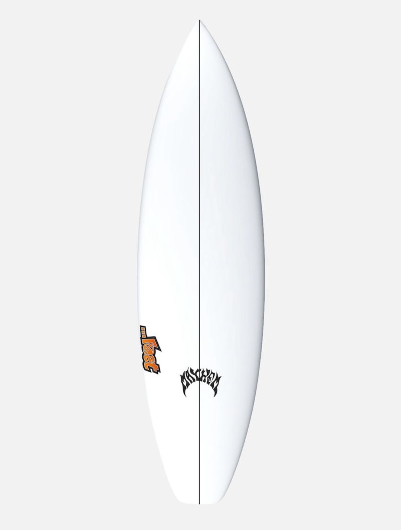 White surfboard with logos on both sides.