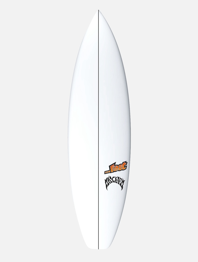 White surfboard with logos on the side, top view.