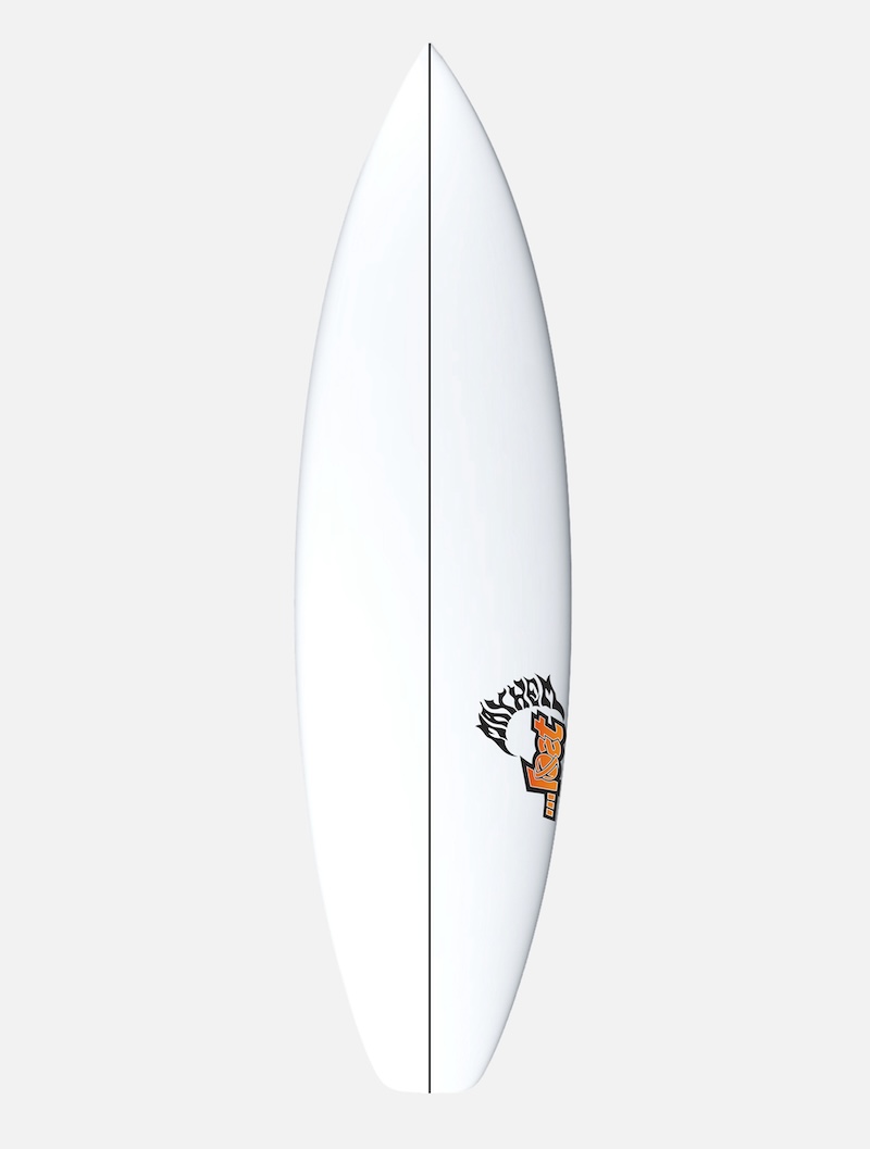 White surfboard with graphic design and logo.