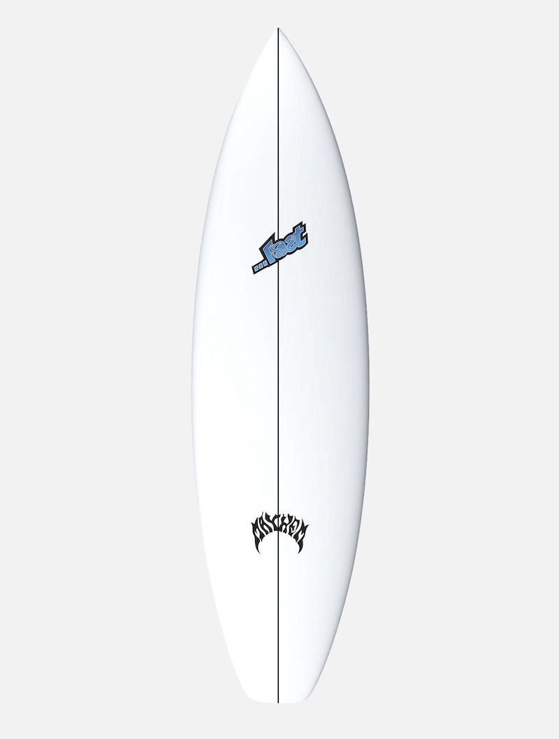 White surfboard with blue and black logos on top.