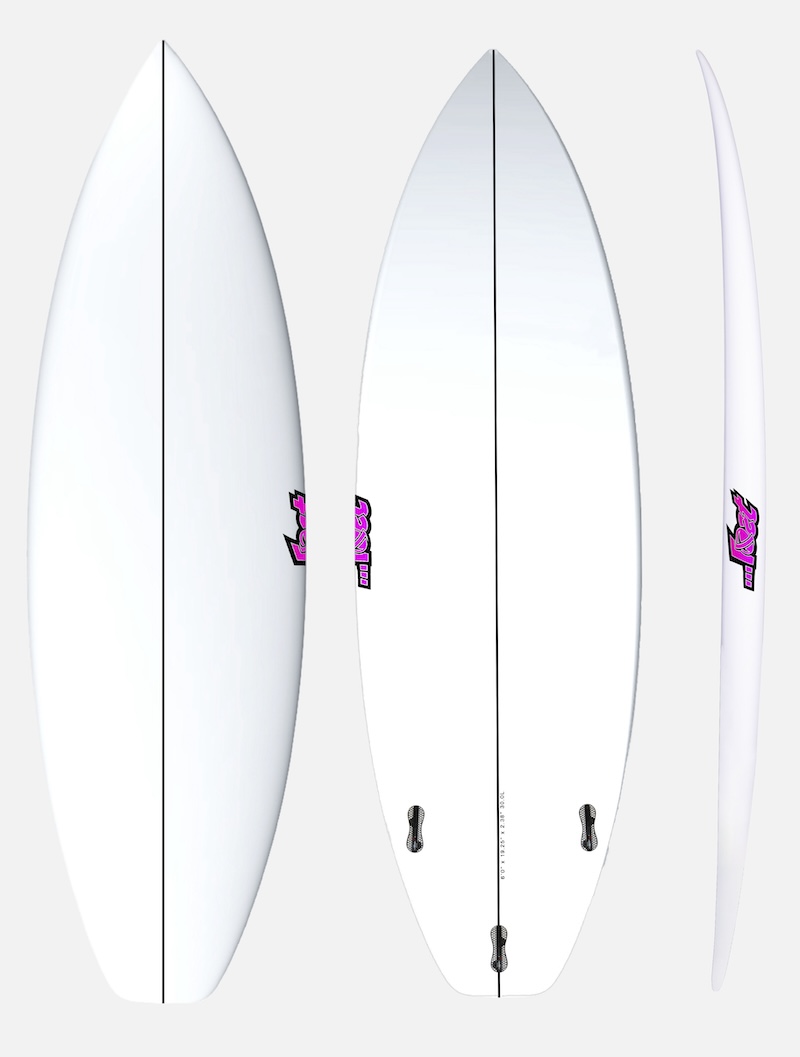 Three views of a white surfboard with pink logo.