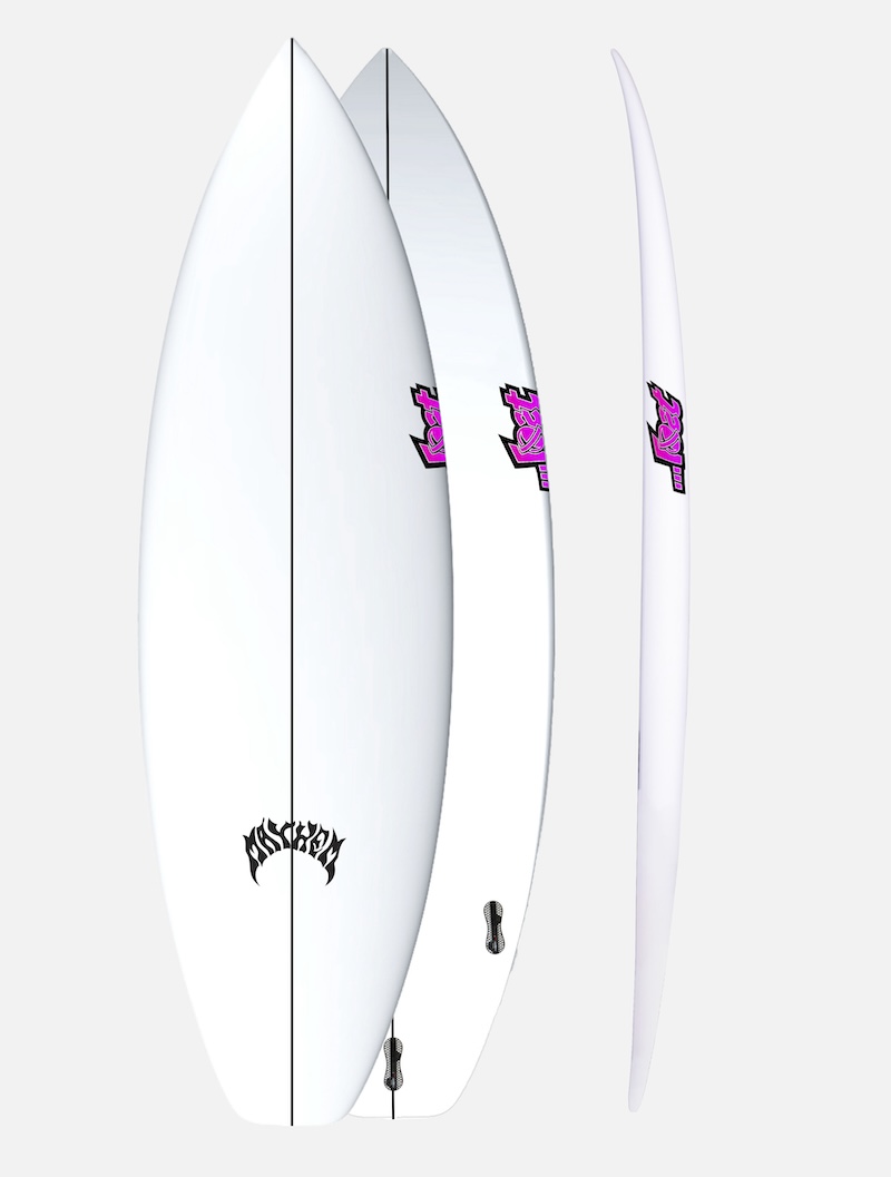 Three surfboards displayed from different angles, featuring vibrant logos.