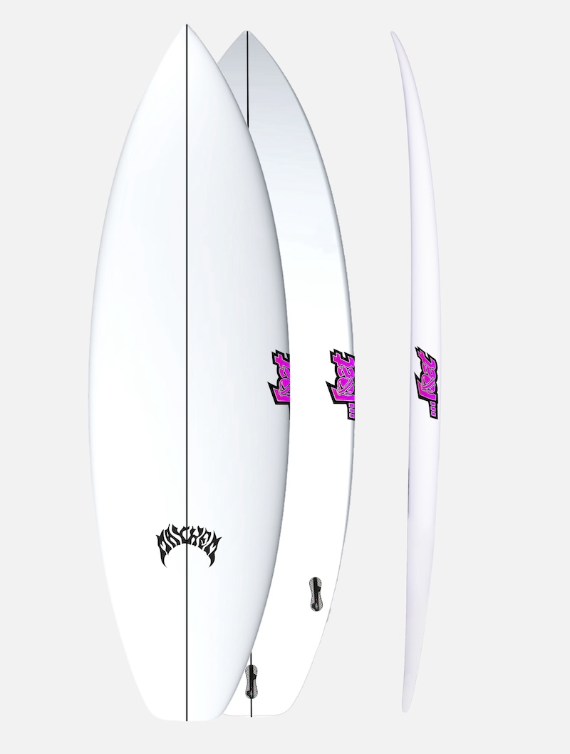 Three surfboards with white bases and colorful logos.