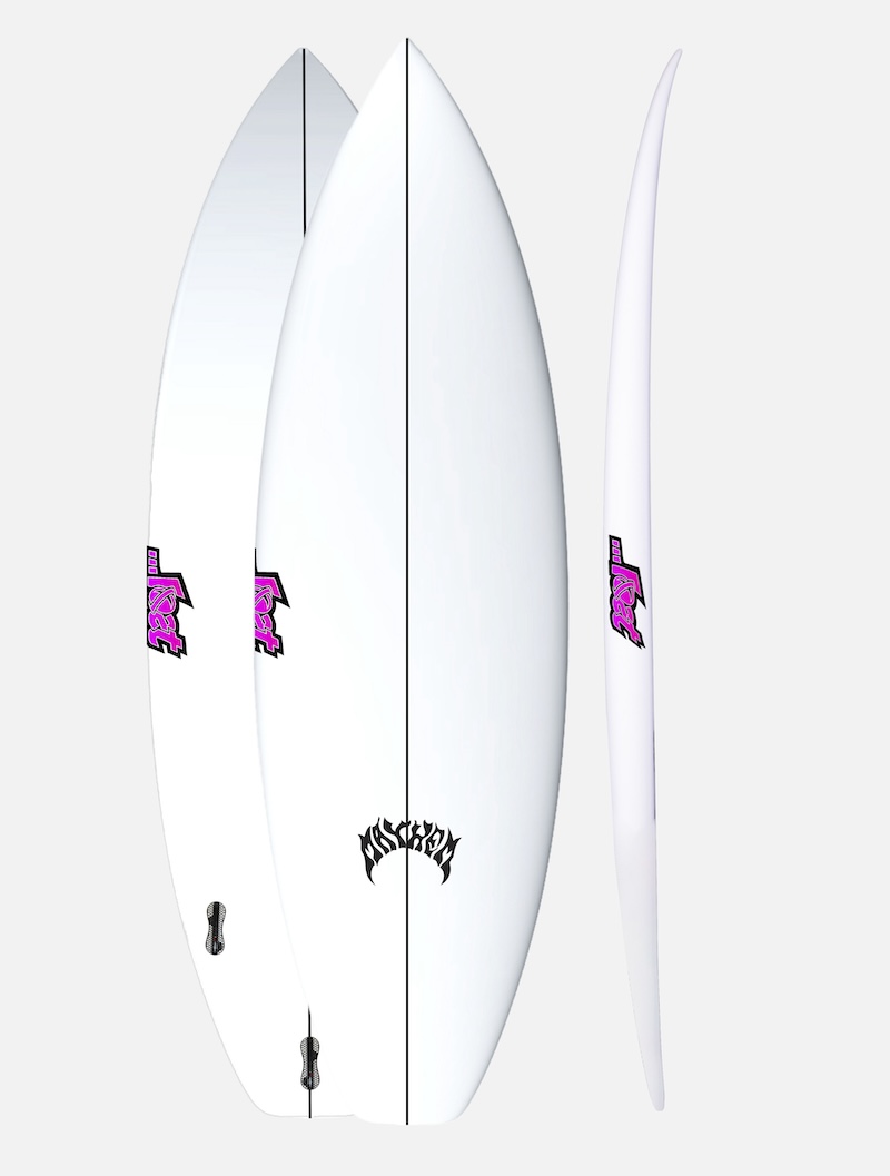 Three surfboards displayed from different angles, featuring white designs.