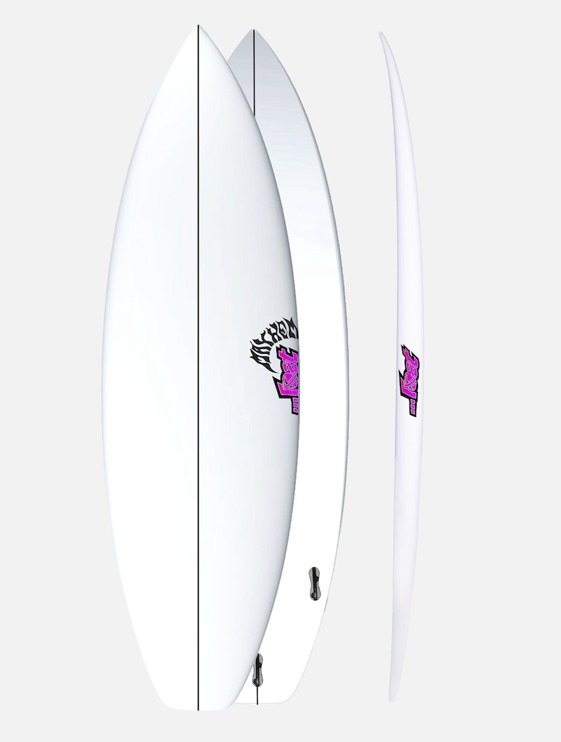 White surfboard with purple graphic design and fins.