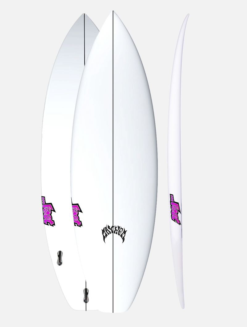 Three surfboards displayed from different angles, featuring colorful logos.
