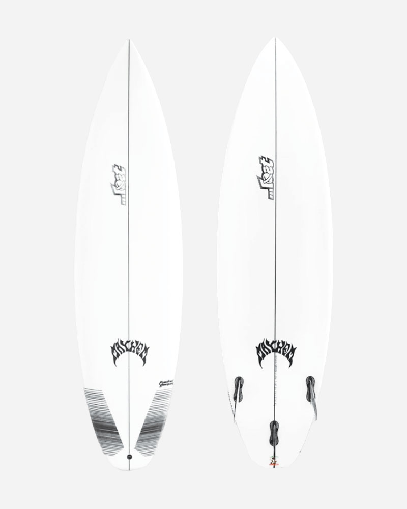 Two surfboards displayed, featuring a white design with black logos.