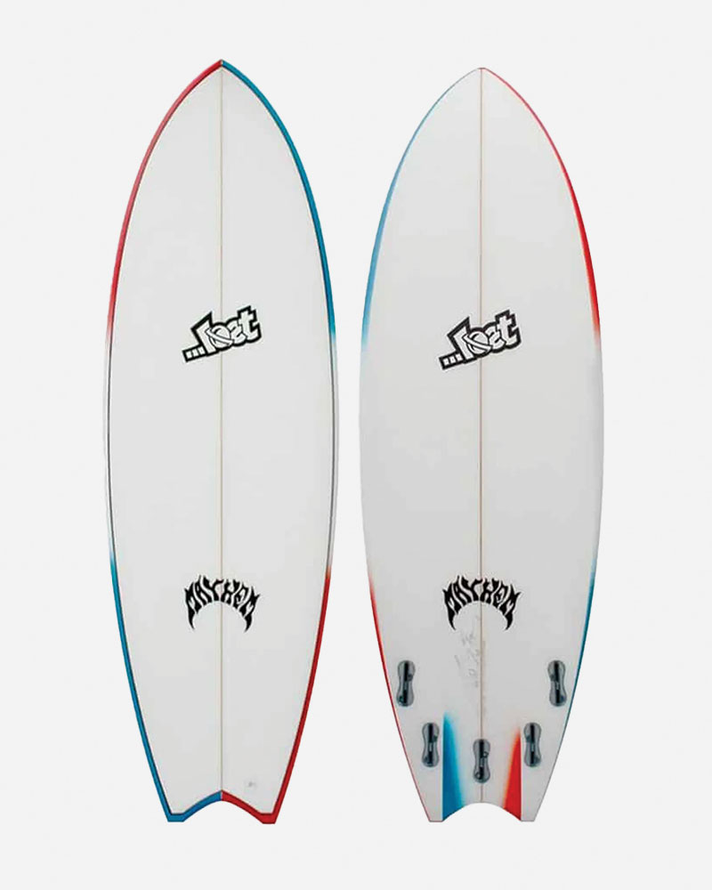 Two surfboards with red and blue accents, featuring logos.
