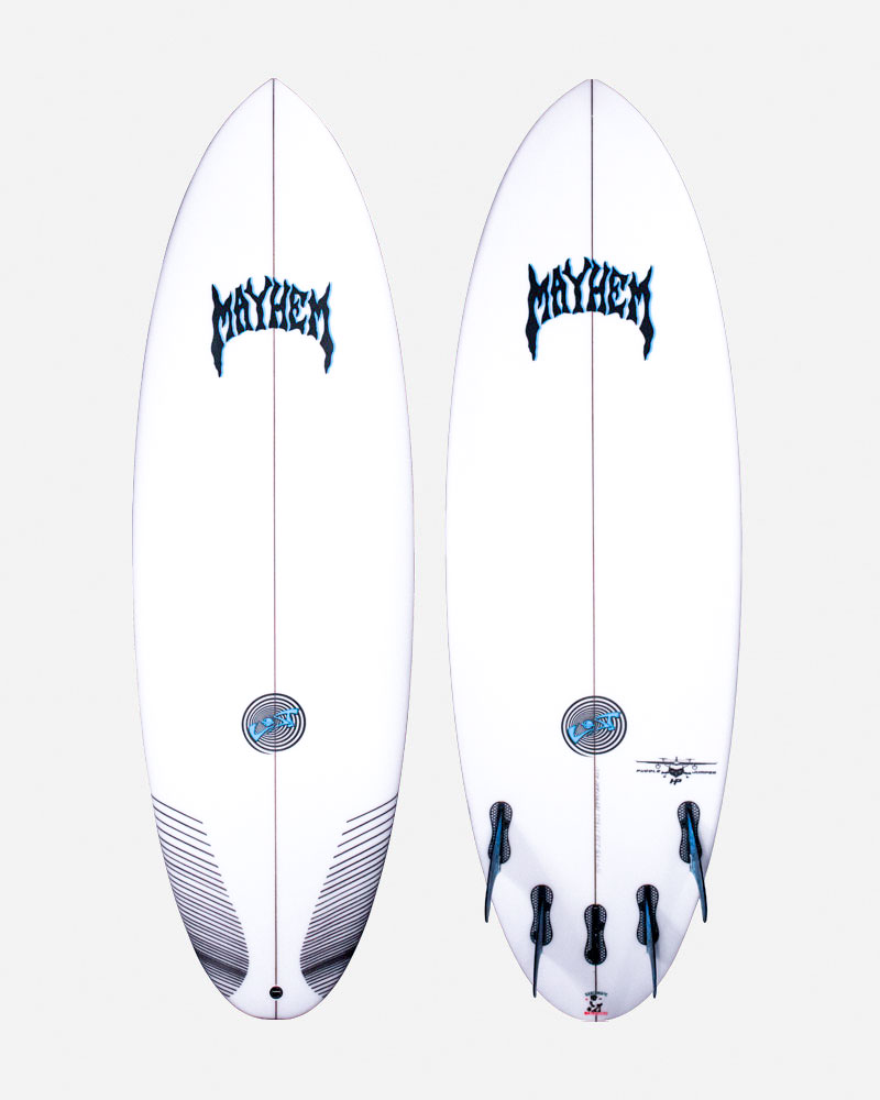 A white surfboard with the word "MAYHEM" in blue lettering on top. The bottom features a circular design and multiple fin boxes for attaching fins. The board has a sleek, modern shape suitable for surfing.