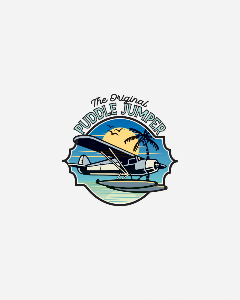 Logo featuring a seaplane, palm trees, and sunset.