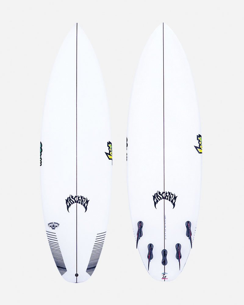 Two surfboards with a white design and logos.