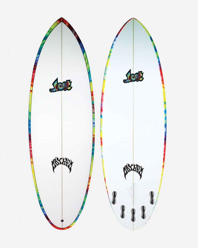 Two colorful surfboards with logos on white backgrounds.
