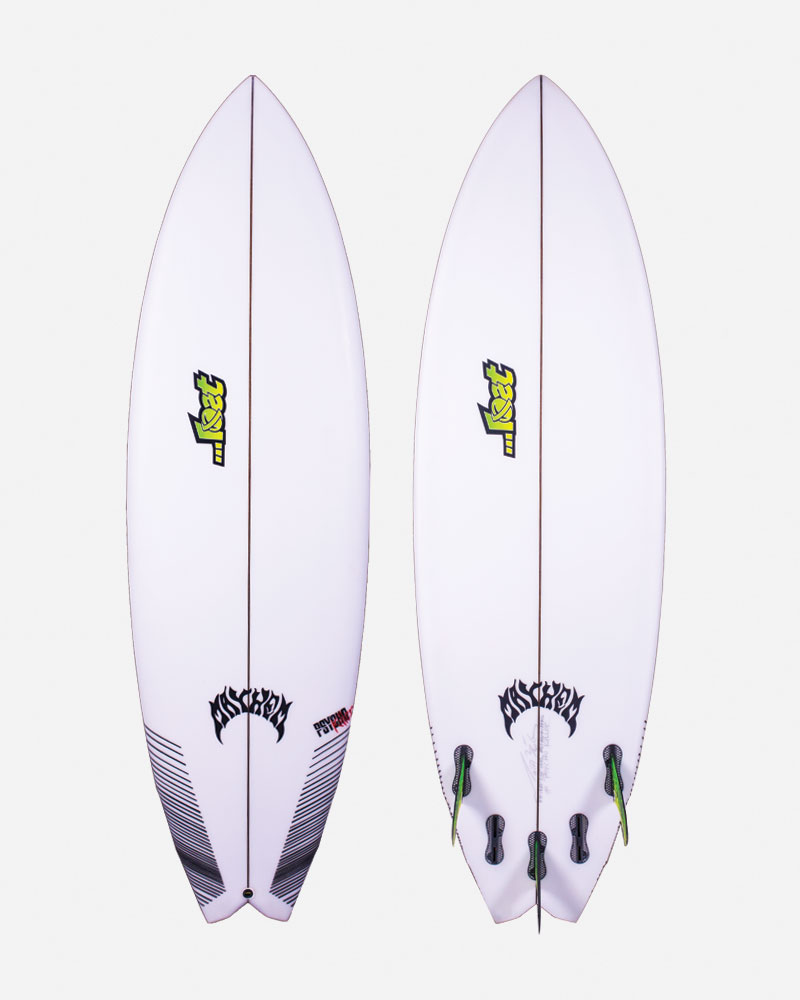 Two surfboards with a white design and logos.