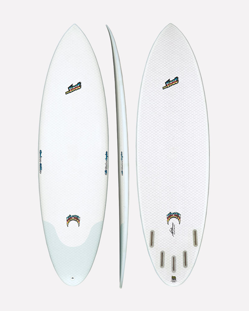 Surfboard with a sleek design and colorful logos.
