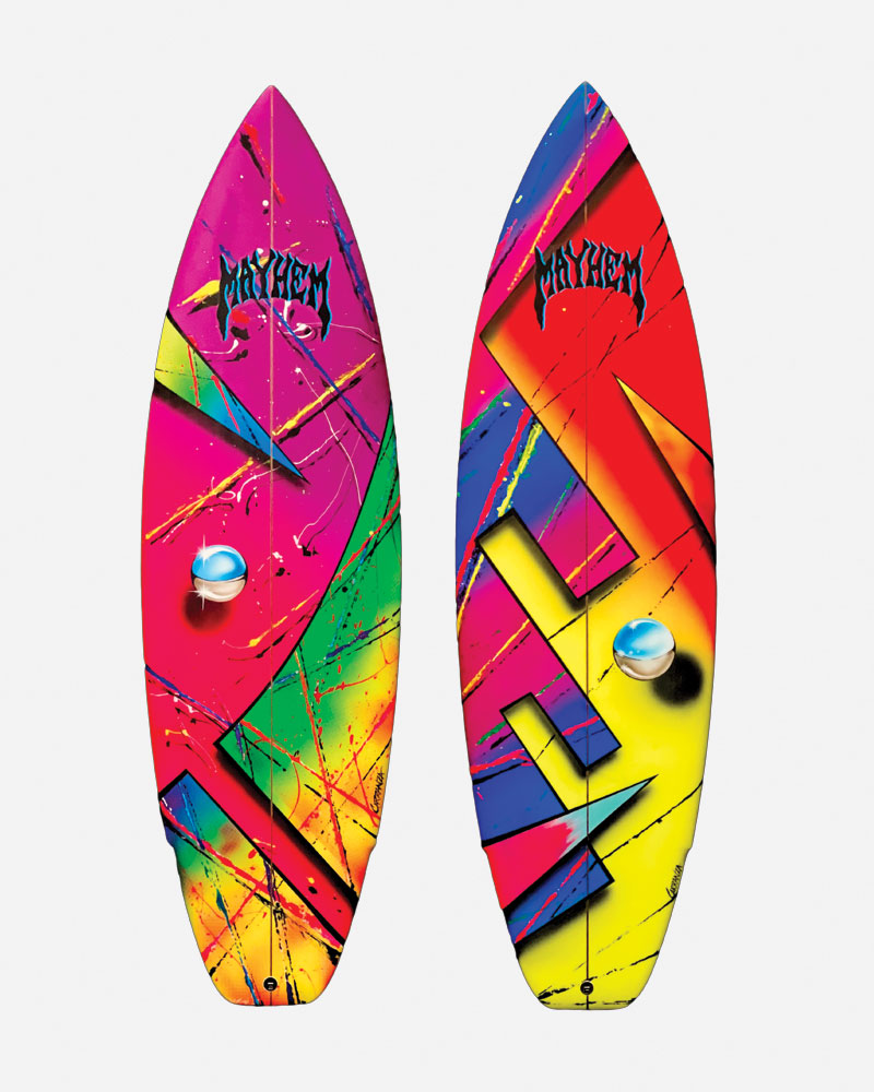 Colorful surfboards with bold designs and "Mayhem" branding.