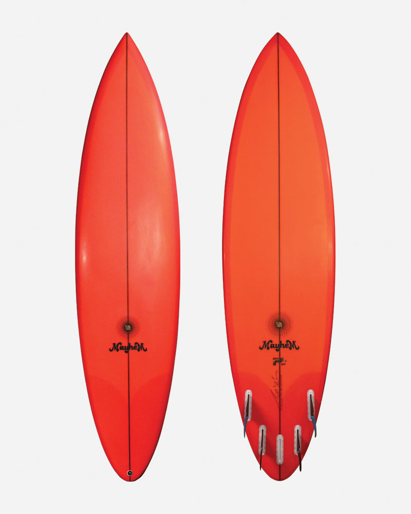 Two bright orange surfboards displayed side by side.