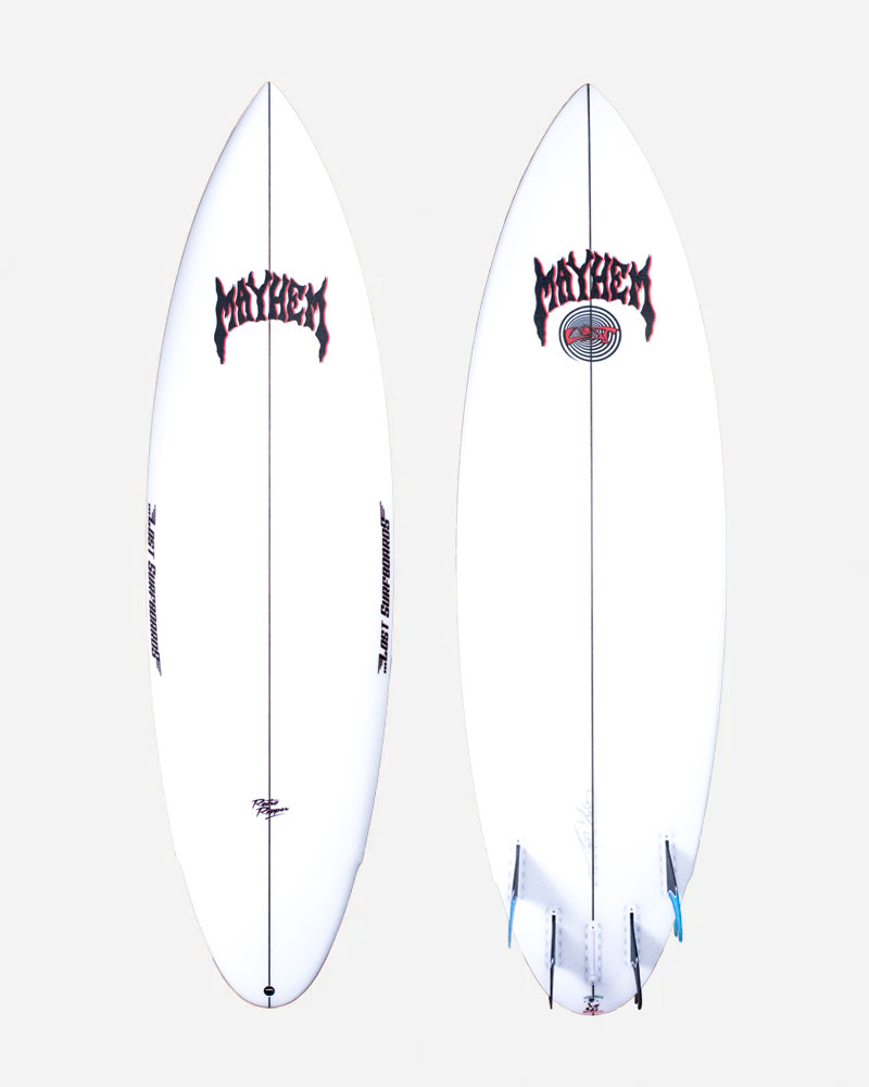Two surfboards with a white design and "MAYHEM" logo.