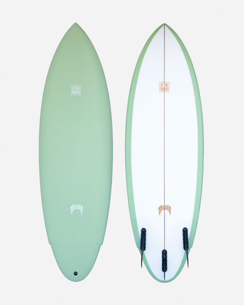 Two surfboards in green and white colors, displayed side by side.