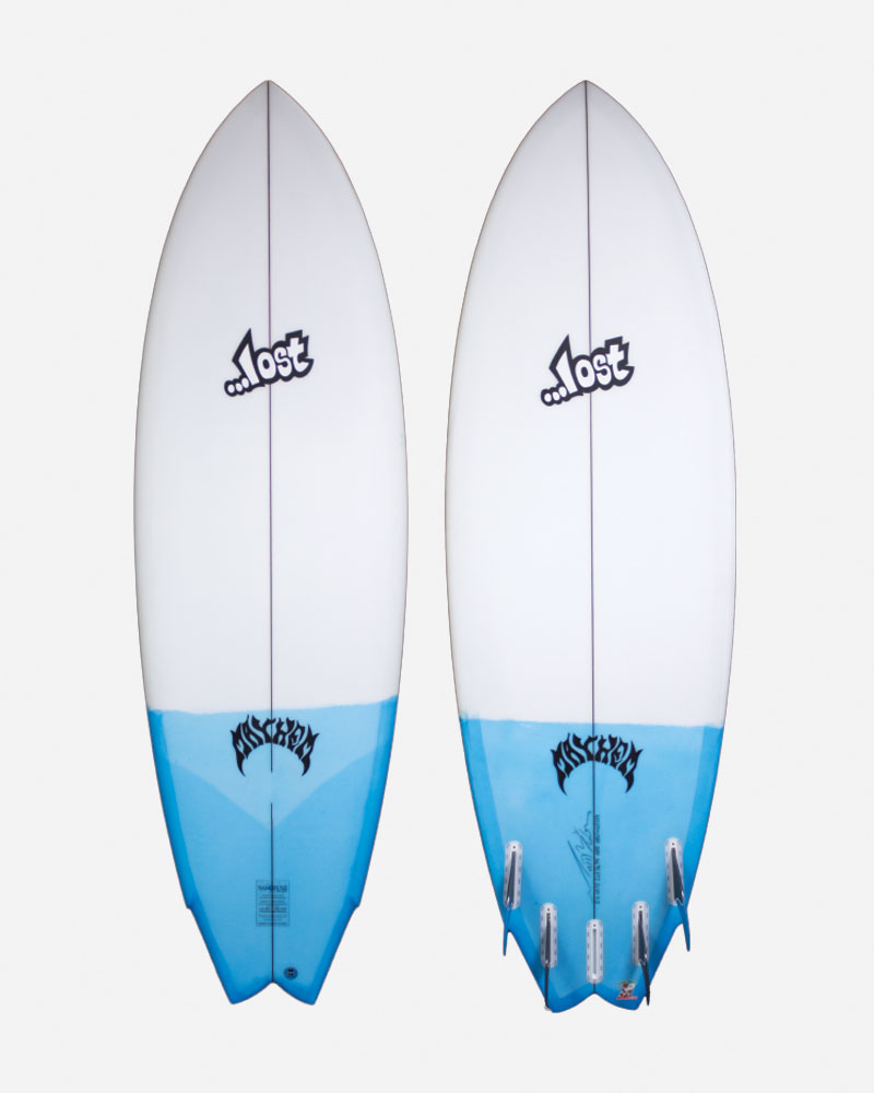 Two surfboards with a white and blue design.