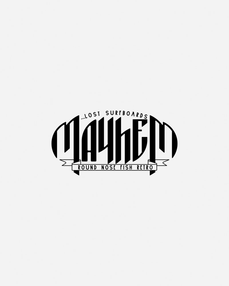 Black logo for Lost Surfboards featuring "Mayhem" and "Round Nose Fish Retro.
