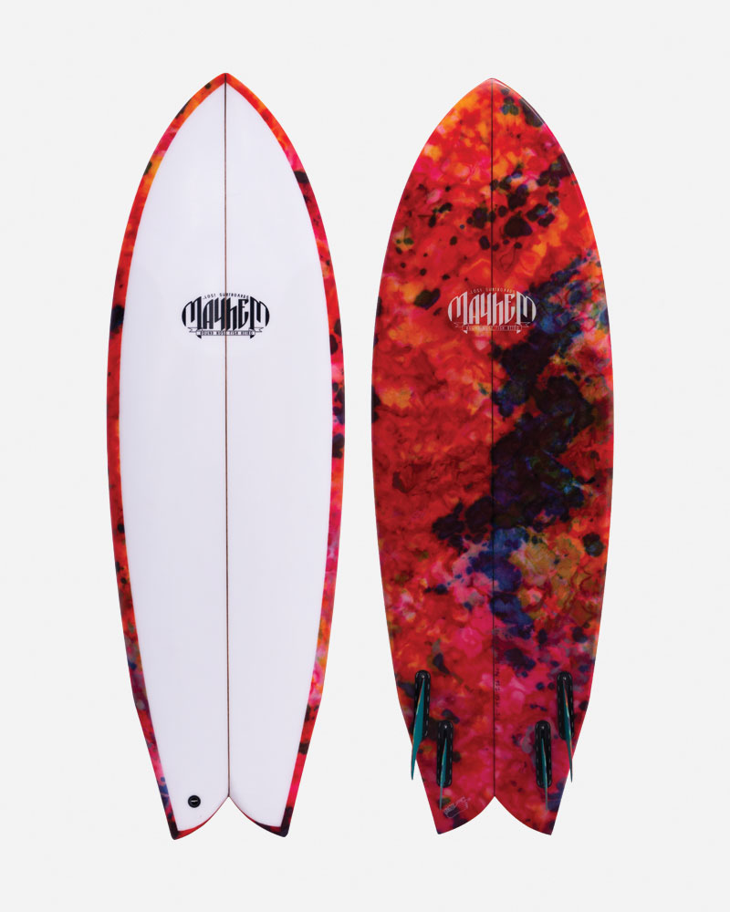 Two surfboards, one white and one colorful, side by side.