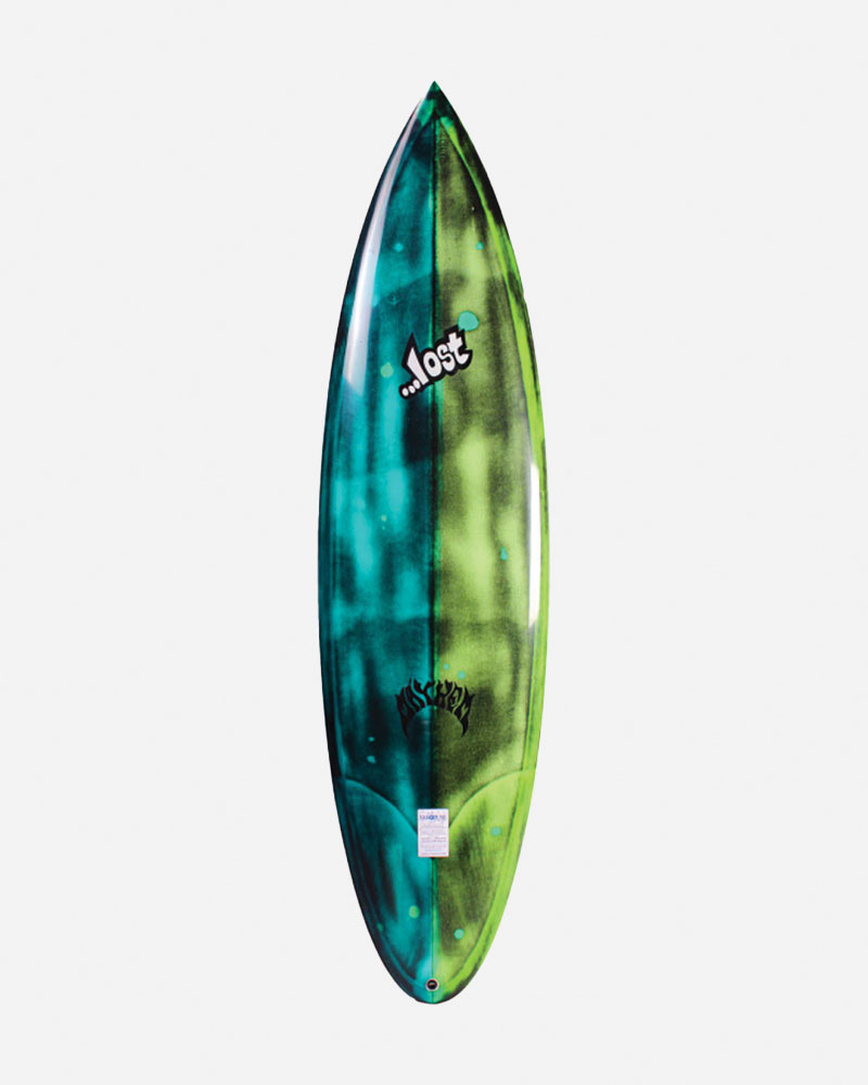 Surfboard with a green and blue gradient design.