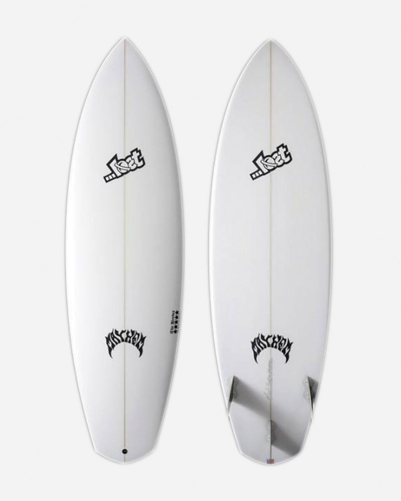 Two surfboards with white designs and black logos.