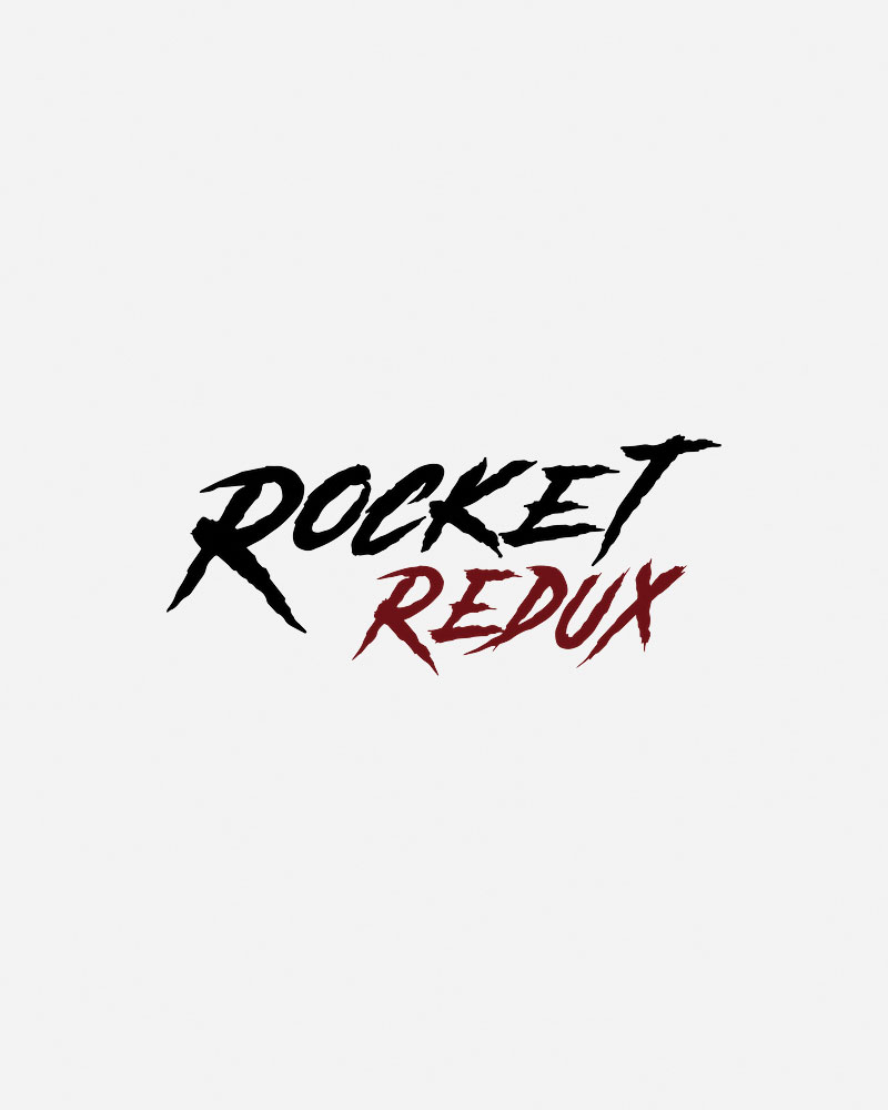 Black and red stylized text "ROCKET REDUX" on white background.