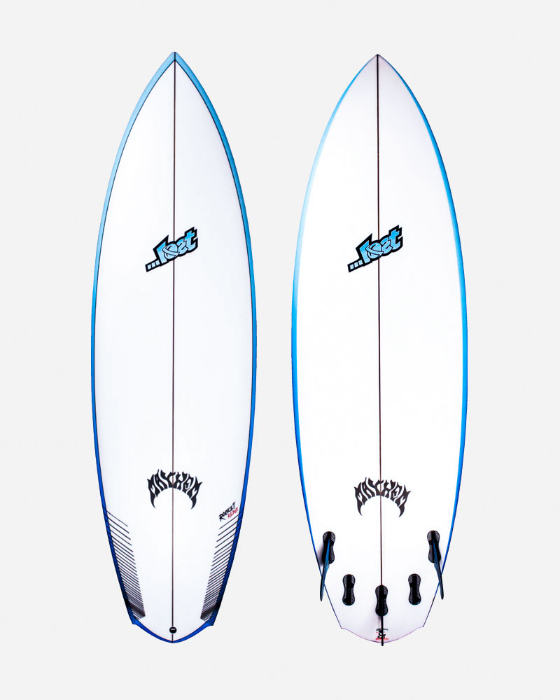 Two surfboards are displayed side by side. Both are predominantly white with blue accents. One board features a logo near the nose, while the other has a different logo near the tail and a striped design on the bottom.