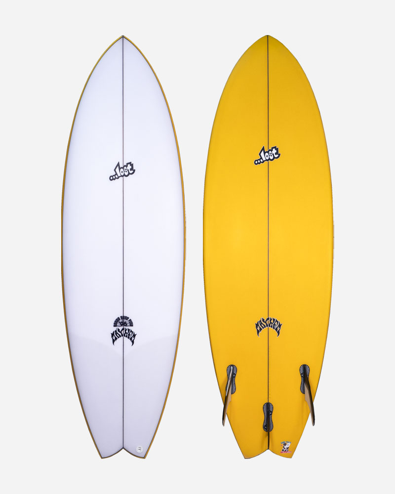 Two surfboards side by side, one white and one yellow.