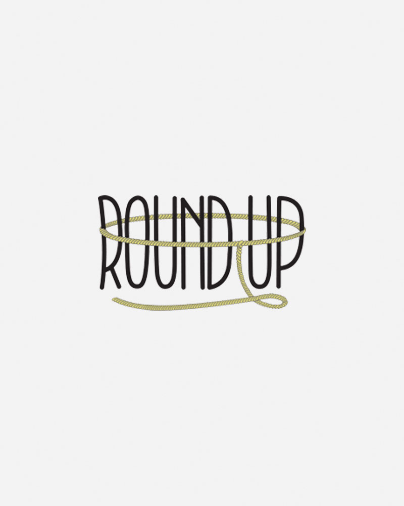 Text graphic featuring the words "ROUND UP" in bold black letters, with a yellow rope forming a loop around the text. The background is plain white.