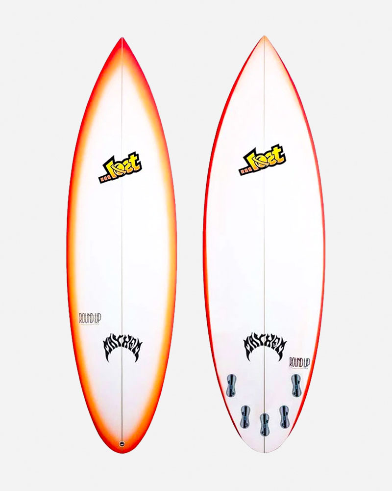 A surfboard with a white base and a gradient orange tip. It features the logo "Lost" on the top and "Round Up" on the bottom, along with a decorative design. The board has multiple fin boxes for customization.