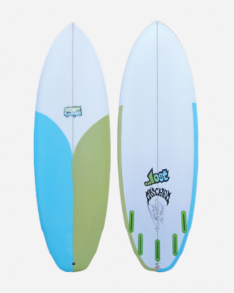 Two surfboards with colorful designs and logos.