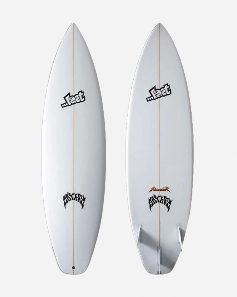 Two surfboards with white designs and logos.