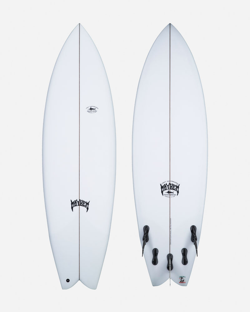Two white surfboards displayed side by side.