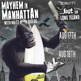 Gorilla holding a surfboard with event details and city skyline.