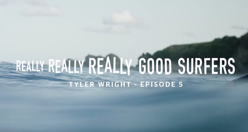 Text overlay on water background promoting a surfing episode.