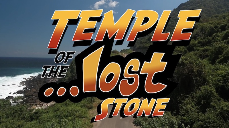 Text overlay of "Temple of the Lost Stone" on a scenic background.