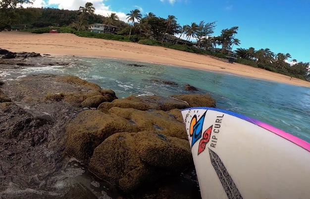 Surfboard resting on rocks near a sandy beach.
