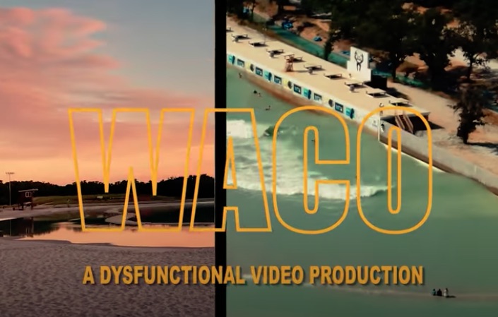 Split image featuring a sunset and a water park wave pool.