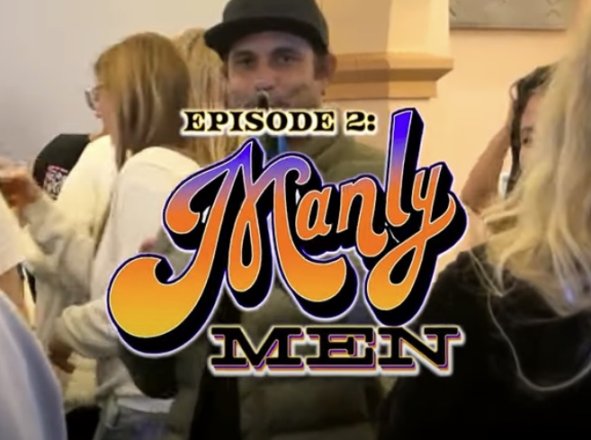 Group of people socializing with text "Episode 2: Manly Men" overlay.