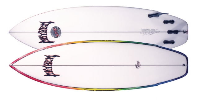 Two surfboards with colorful designs and logos.