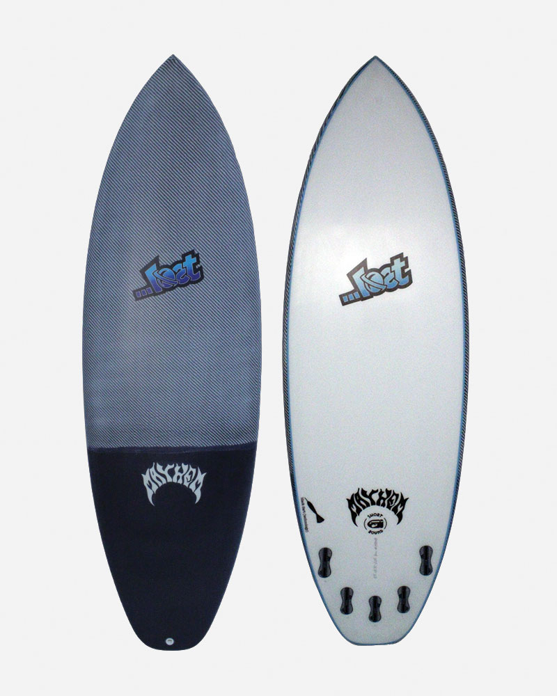 Two surfboards displayed side by side, one dark and one light.