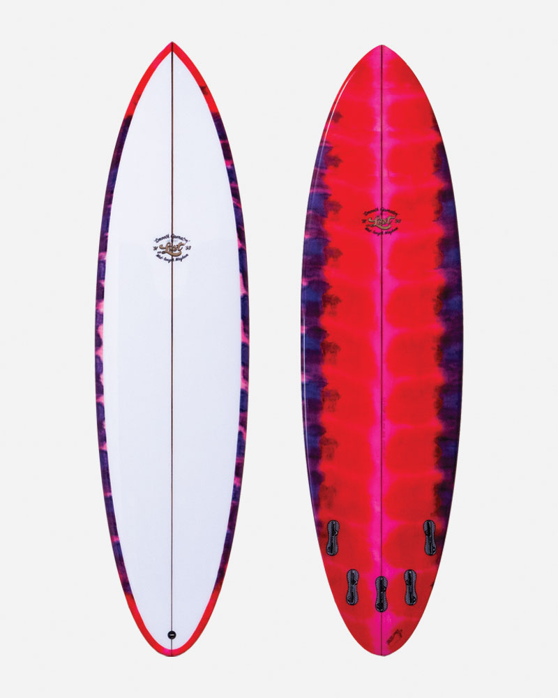 Two surfboards, one white and one red with purple patterns.