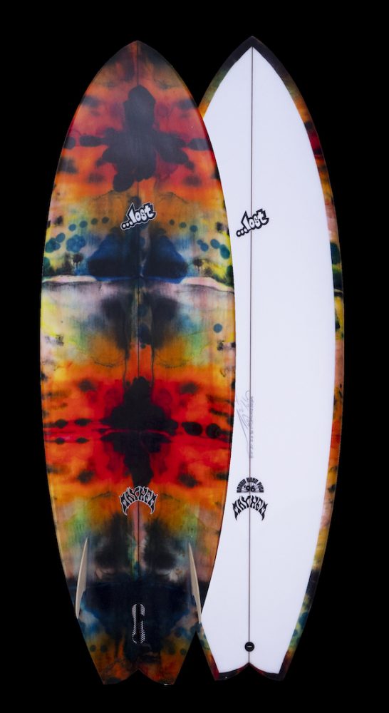 Two surfboards displayed side by side, one colorful and one white.