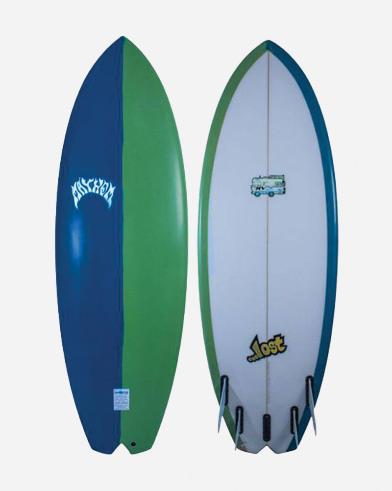 Two surfboards with split-tail design, one blue and green.